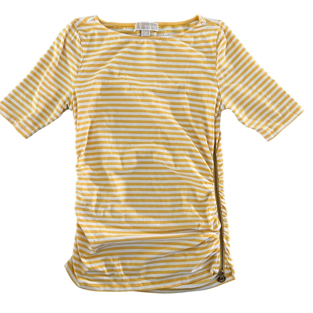 Michael Kors Yellow/White Striped Ruched Sides Zipper Shirt Sleeve Stretchy Sz M